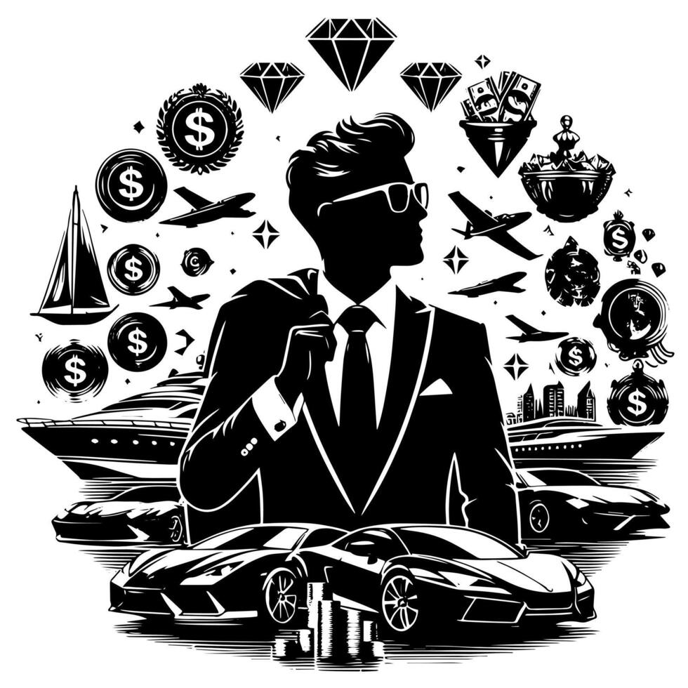 Preto e branco ilustração do uma bem sucedido o negócio homem com dinheiro carros meninas e luxo vetor