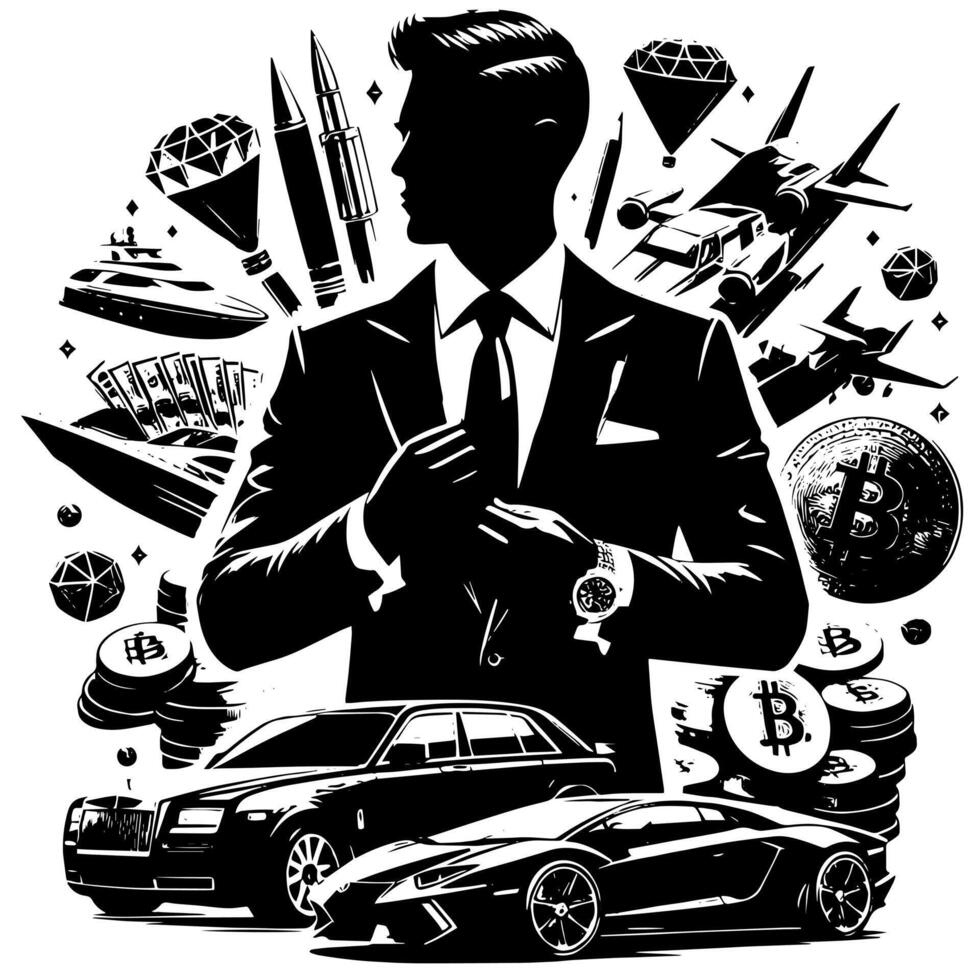 Preto e branco ilustração do uma bem sucedido o negócio homem com dinheiro carros meninas e luxo vetor