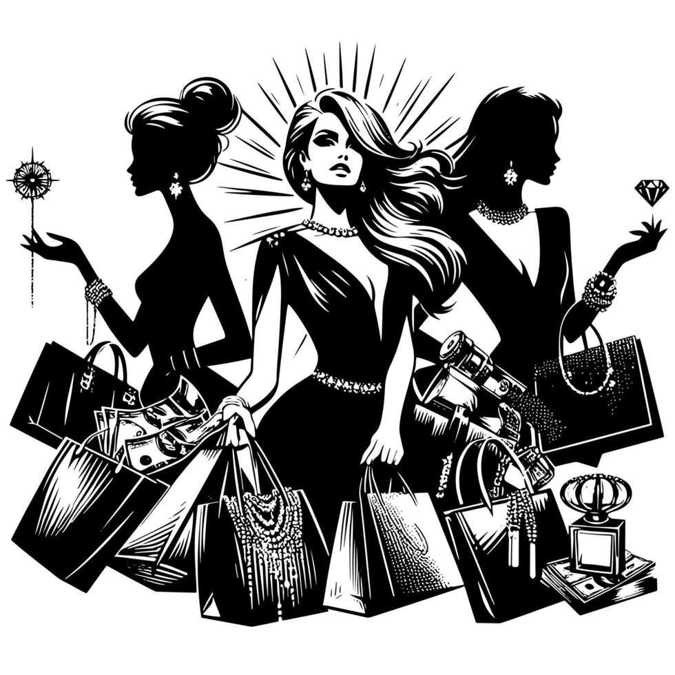 Preto e branco ilustração do uma por sorte luxuoso compras senhora com bolsas e diamantes e perfume vetor