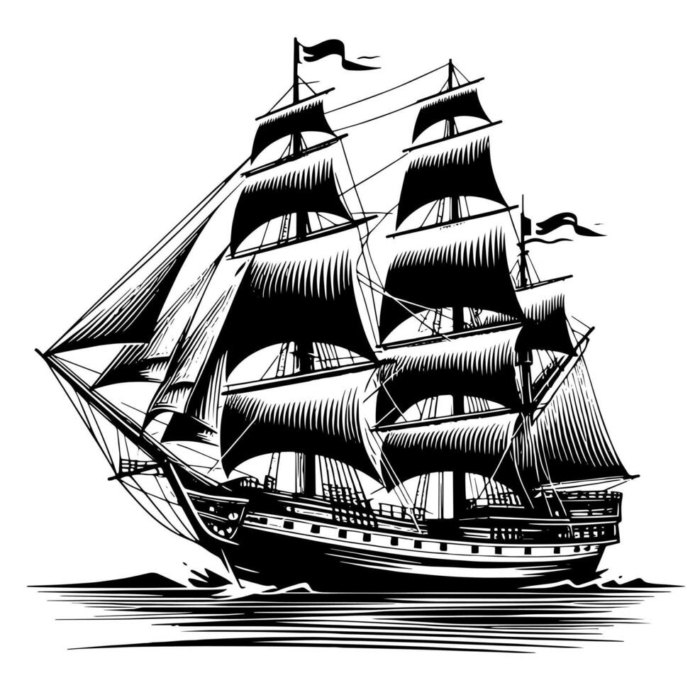 Preto e branco ilustração do uma tradicional velho Navegando navio vetor