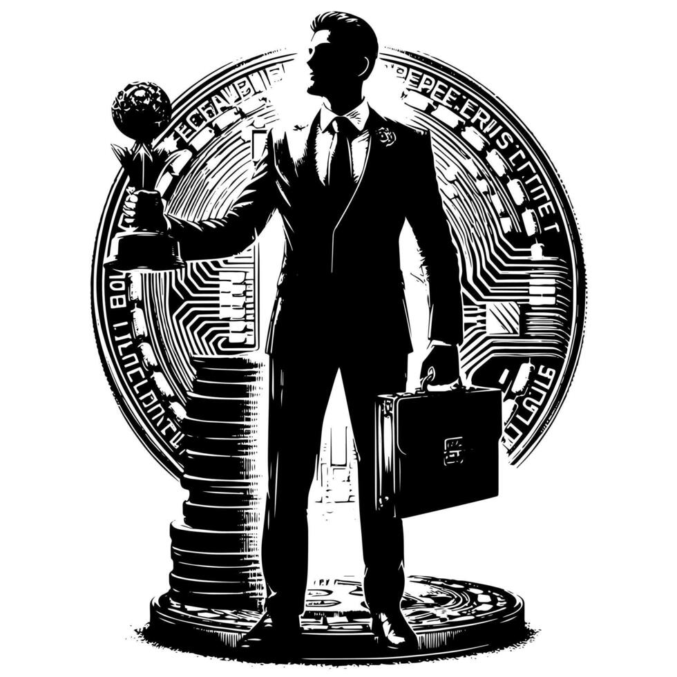 Preto e branco ilustração do uma bem sucedido o negócio homem com bitcoins dinheiro carros e luxo vetor