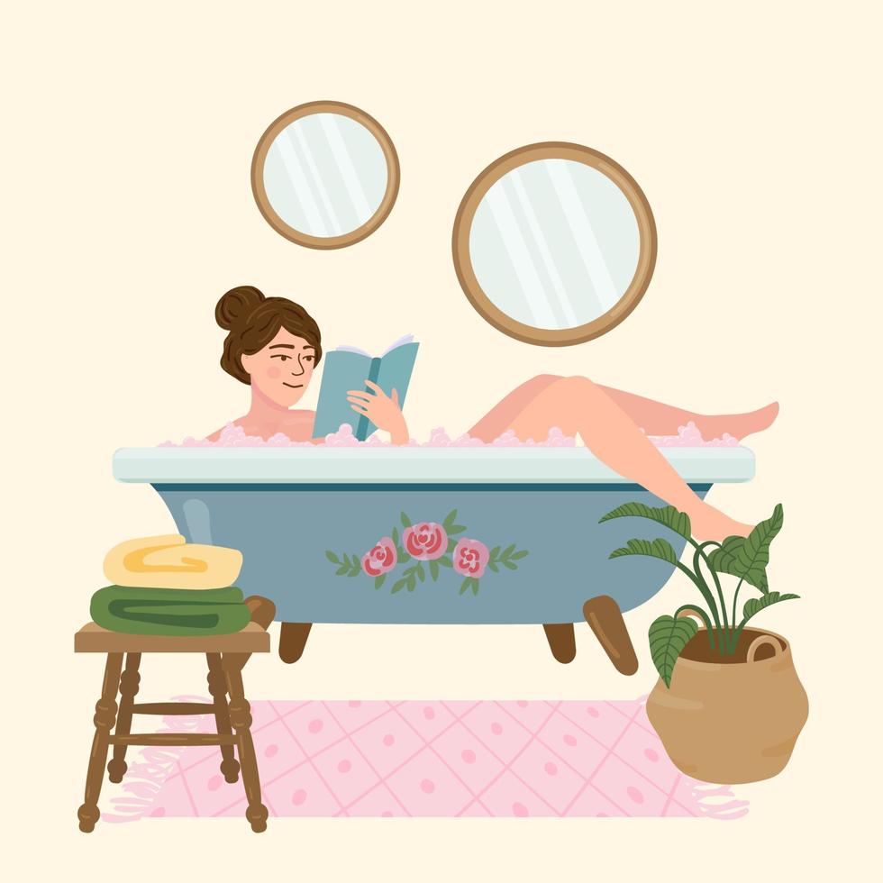 jovem tomar banho com bolhas de espuma de sabão, ler o livro. personagem de desenho animado feliz feminino. relaxamento durante a rotina diária higiênica, autocuidado ou procedimento de spa vetor