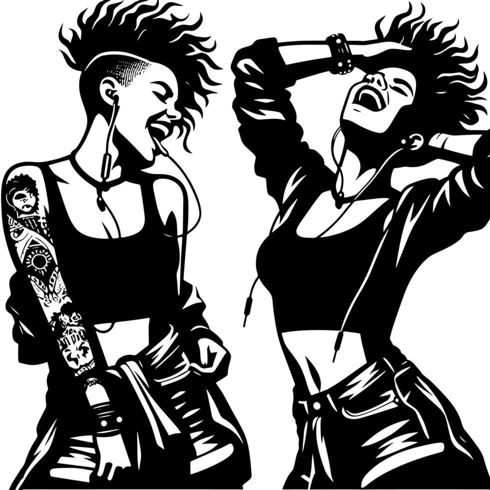 Preto e branco ilustração do uma punk mulher é dançando e tremendo dentro uma bem sucedido pose vetor