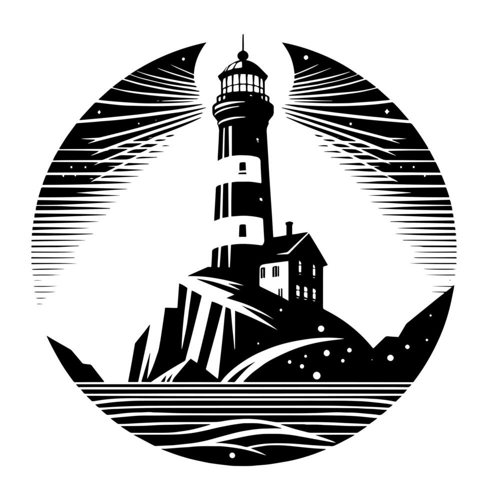 Preto e branco ilustração do uma tradicional velho farol em a pedras vetor