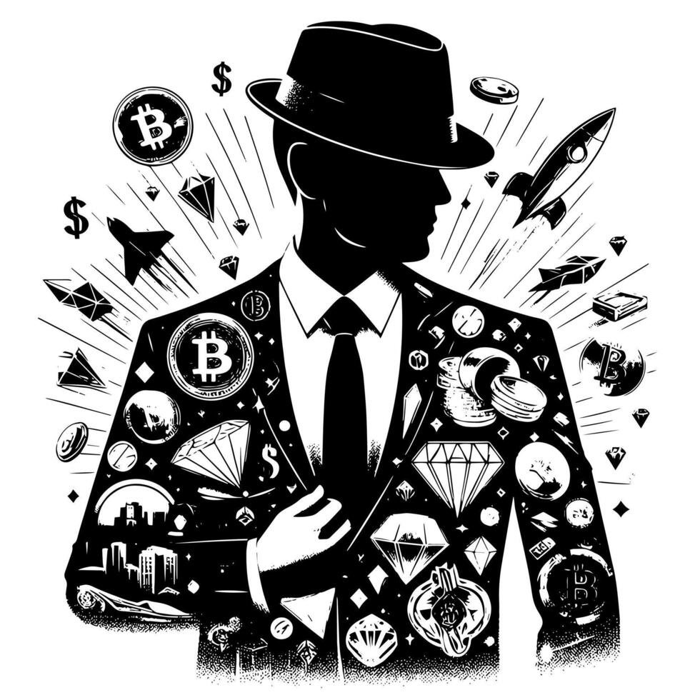 Preto e branco ilustração do uma bem sucedido o negócio homem com bitcoins dinheiro carros e luxo vetor