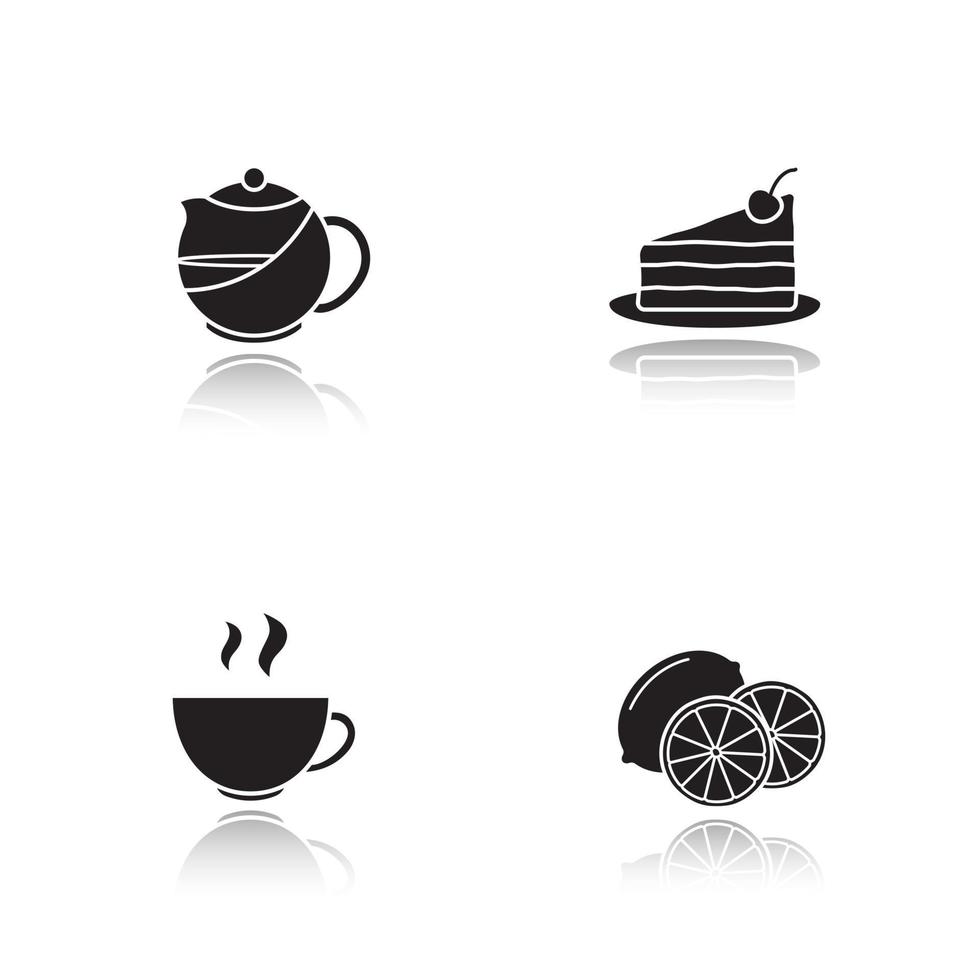 conjunto de ícones de sombra preta de gota de chá. infusor de bule, bolo de chocolate no prato, limões, xícara fumegante. ilustrações vetoriais isoladas vetor