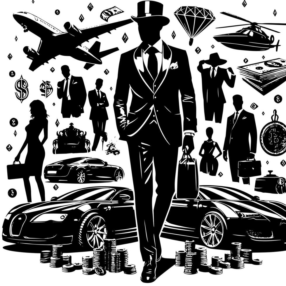 Preto e branco ilustração do uma bem sucedido o negócio homem com dinheiro carros meninas e luxo vetor