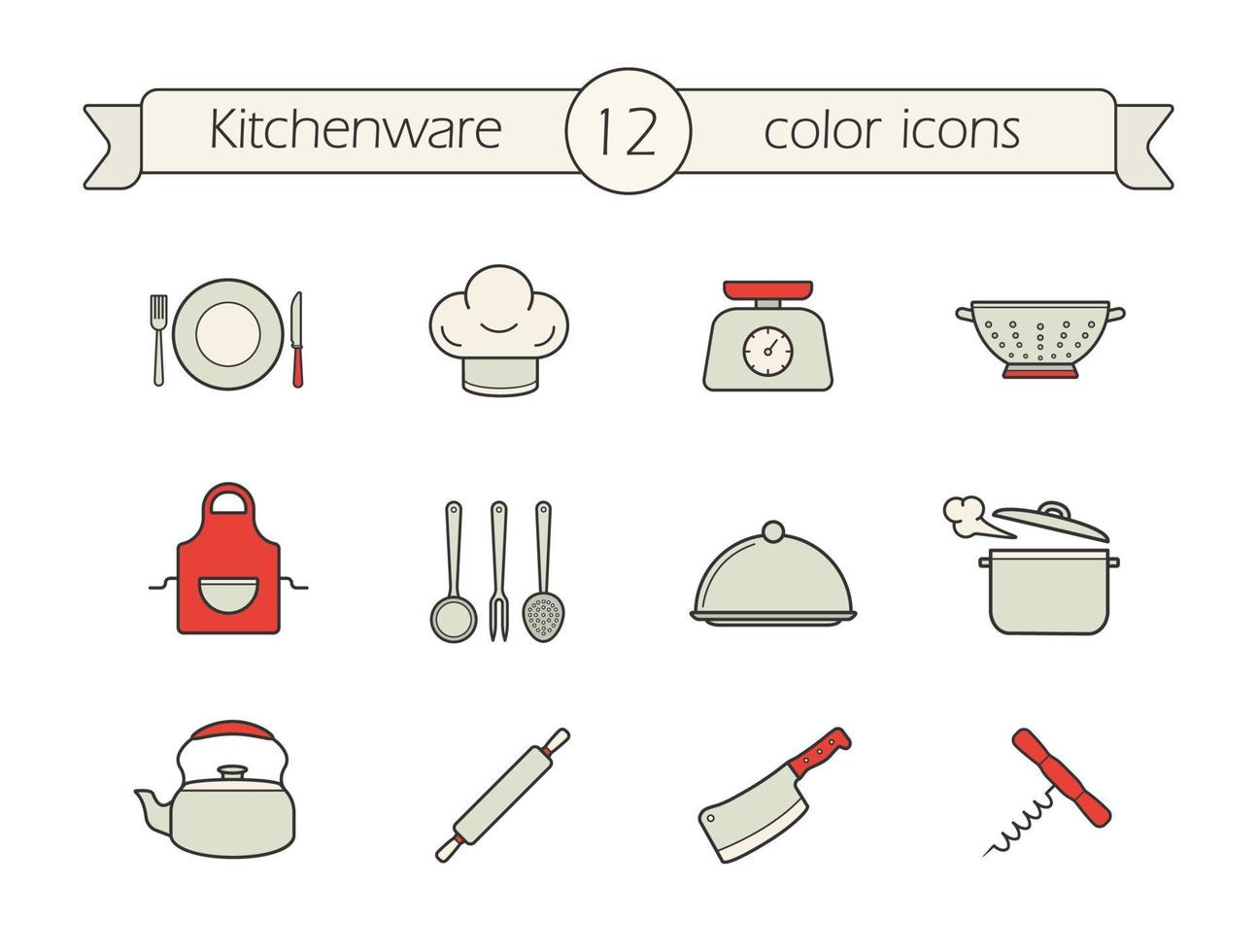 conjunto de ícones de cores de ferramentas de cozinha. utensílios de cozinha. peneira, chaleira, cutelo, saca-rolhas, rolo de massa, prato coberto, panela fumegante, avental, balança de comida, chapéu de chef, prato. ilustrações vetoriais isoladas vetor