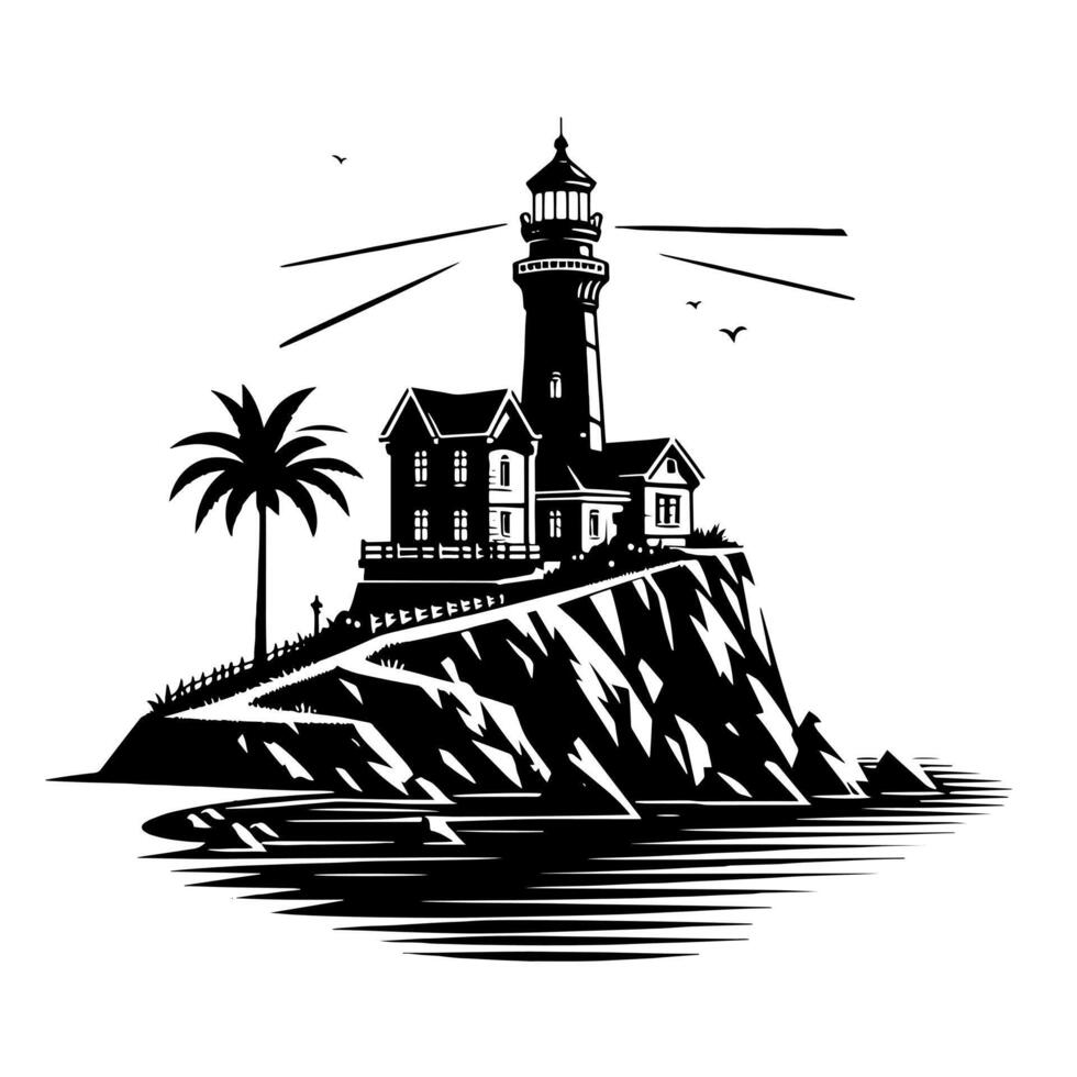 Preto e branco ilustração do uma tradicional velho farol em a pedras vetor