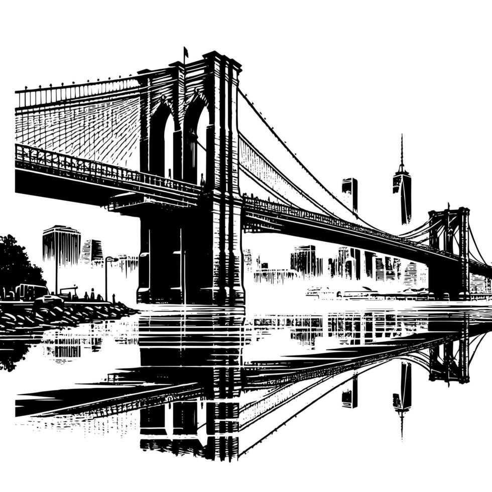 Preto e branco ilustração do Brooklyn ponte dentro Novo Iorque cidade Manhattan vetor