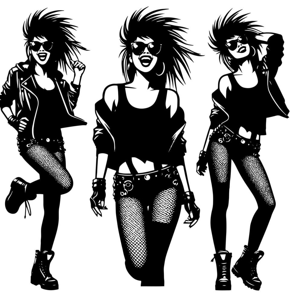 Preto e branco ilustração do uma punk mulher é dançando e tremendo dentro uma bem sucedido pose vetor