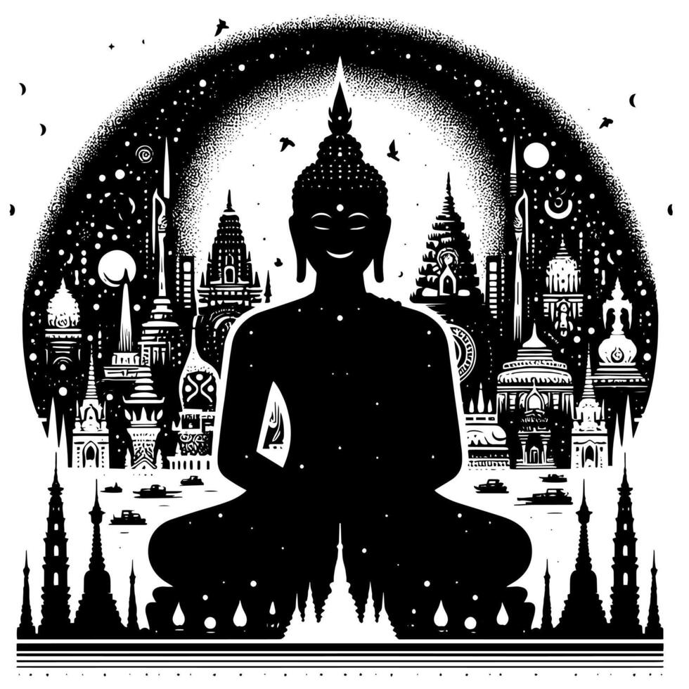 Preto e branco ilustração do uma Buda estátua símbolo vetor