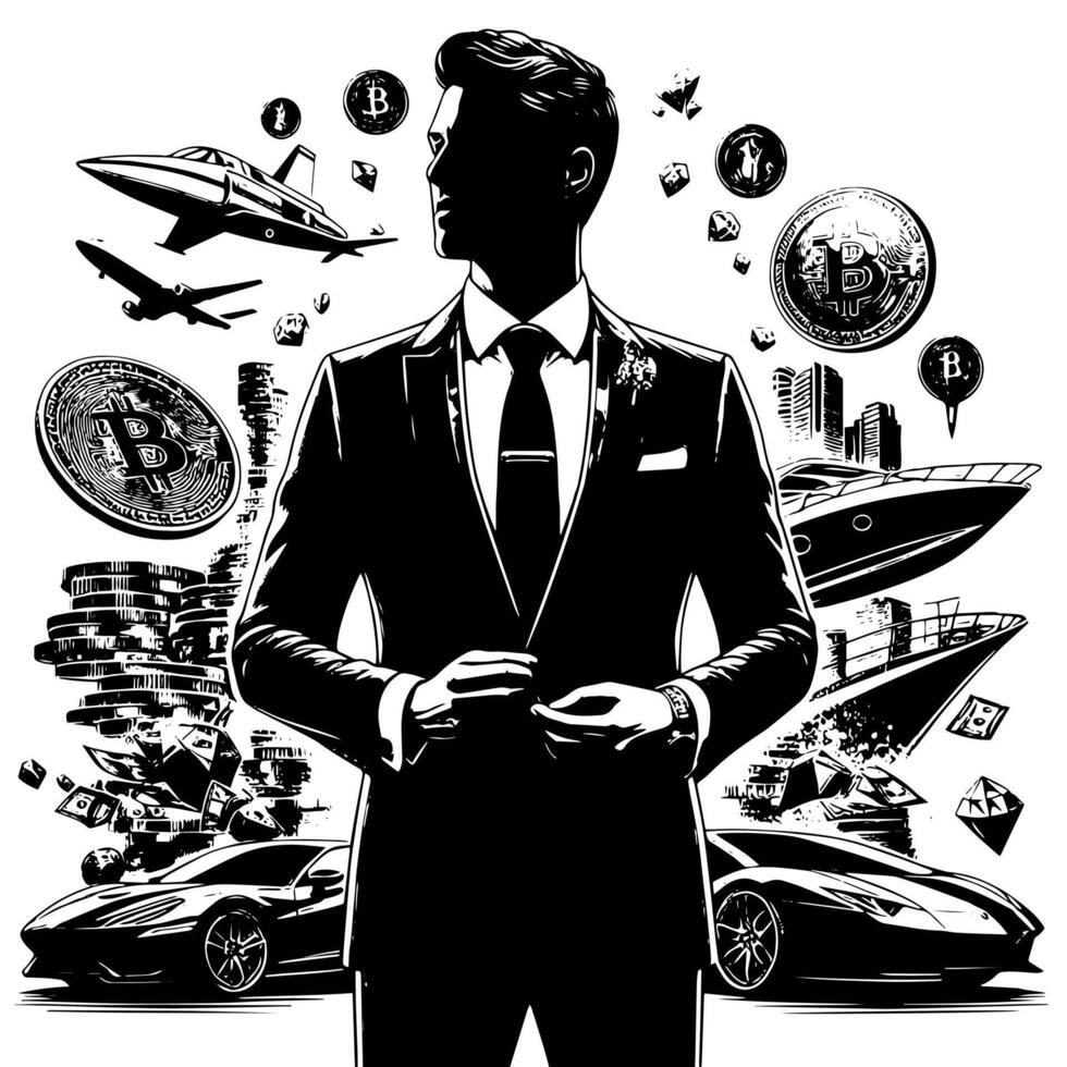 Preto e branco ilustração do uma bem sucedido o negócio homem com bitcoins dinheiro carros e luxo vetor