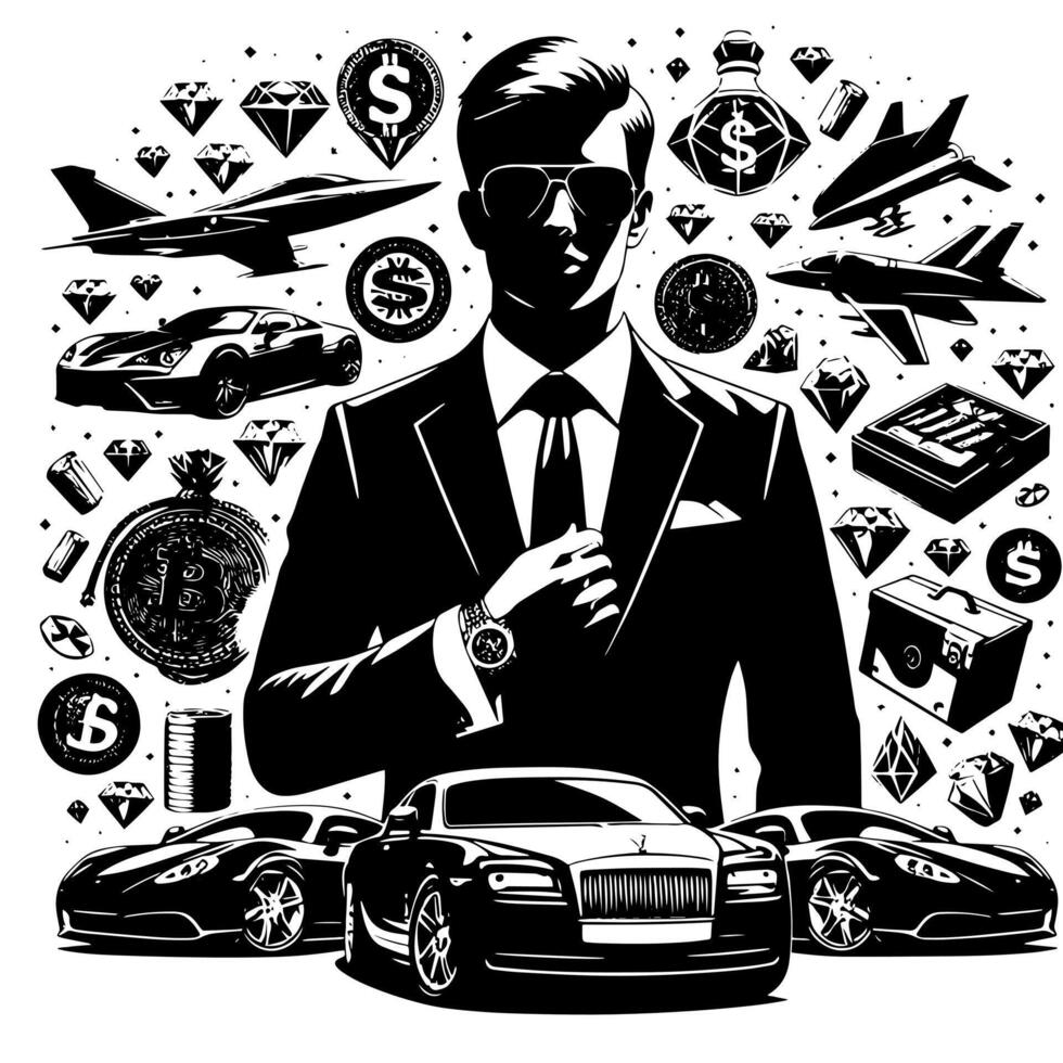 Preto e branco ilustração do uma bem sucedido o negócio homem com dinheiro carros meninas e luxo vetor