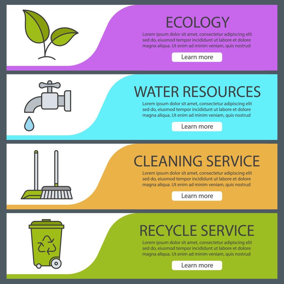 conjunto de modelos de banner de ecologia. fácil de editar. planta, recursos de água, serviço de limpeza e reciclagem. itens de menu do site. banner de cor da web. conceitos de design de cabeçalhos de vetor