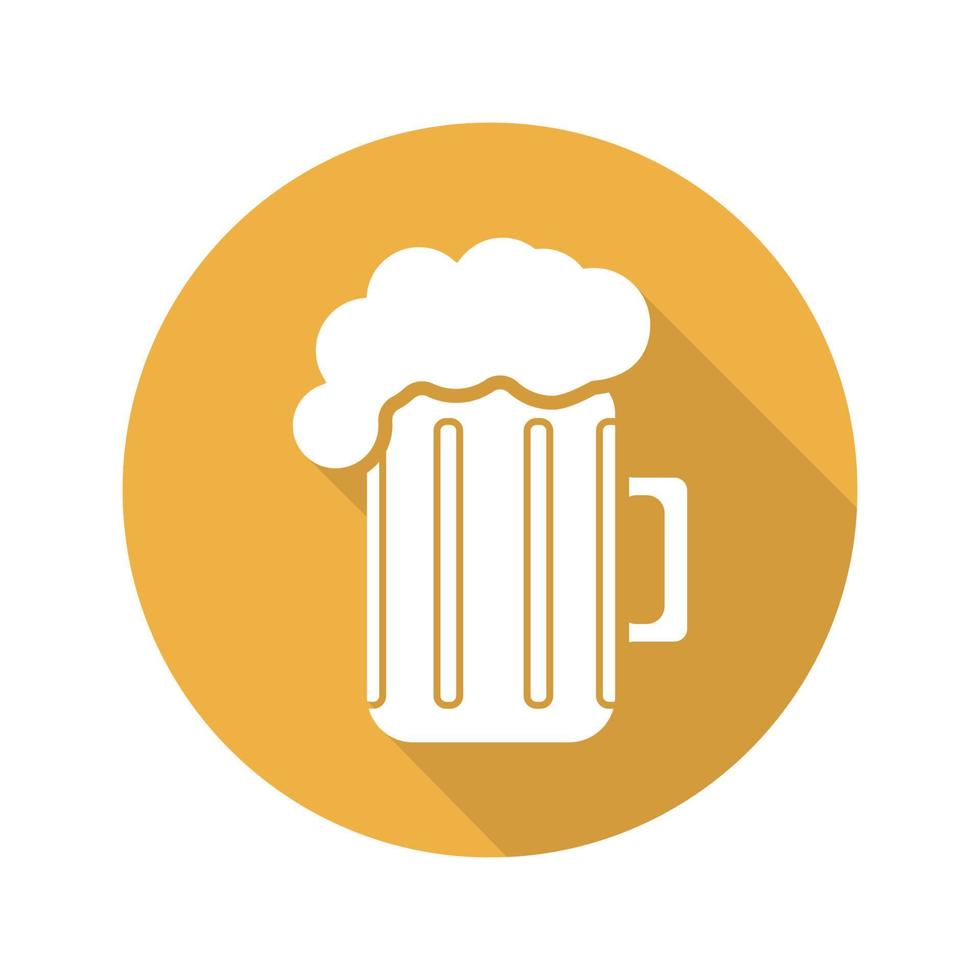 ícone de sombra longa design plano caneca de cerveja. bar e sinal de bar. copo de cerveja espumoso. símbolo da silhueta do vetor
