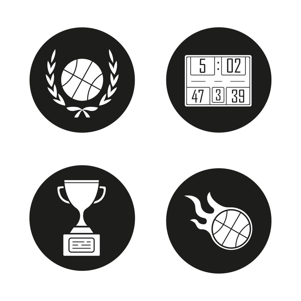 conjunto de ícones do campeonato de basquete. bola na coroa de louros, placar, troféu de vencedor, bola em chamas. Ilustrações brancas em círculos pretos vetor