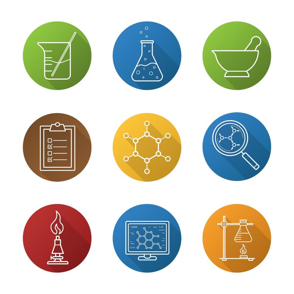 conjunto de ícones de sombra longa plana linear de laboratório químico. reação química, almofariz e pilão, lista de verificação de teste, copo com haste, estrutura molecular, queimador de laboratório, suporte de anel, frasco. símbolos de linha de vetor