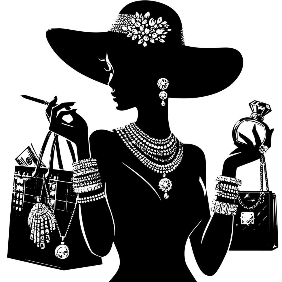 Preto e branco ilustração do uma por sorte luxuoso compras senhora com bolsas e diamantes e perfume vetor