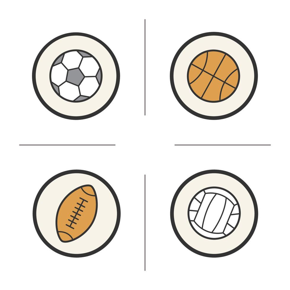 conjunto de ícones de cores de bolas de esporte. bolas de vôlei, basquete, futebol e rúgbi. ilustrações vetoriais isoladas vetor