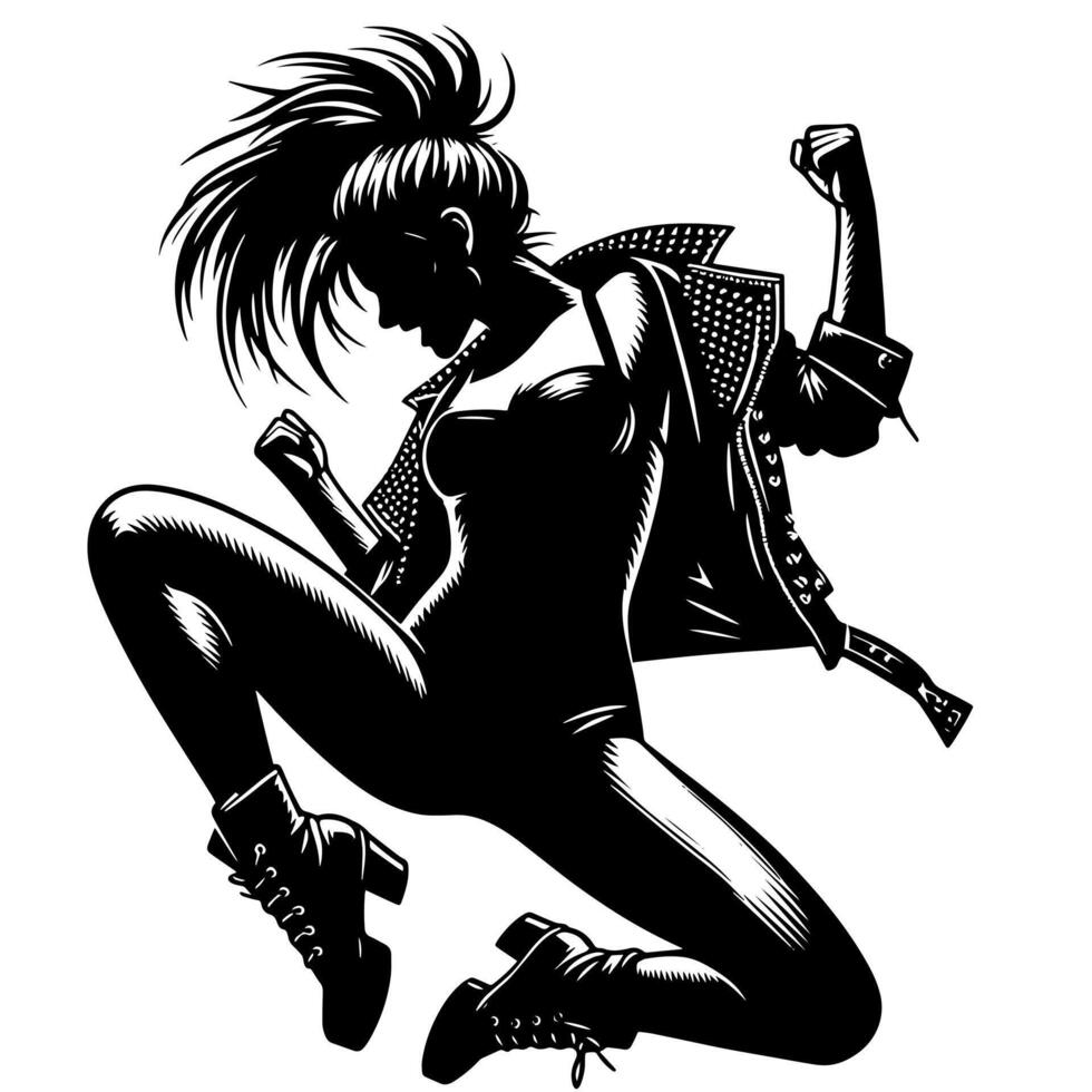 Preto e branco ilustração do uma punk mulher é dançando e tremendo dentro uma bem sucedido pose vetor