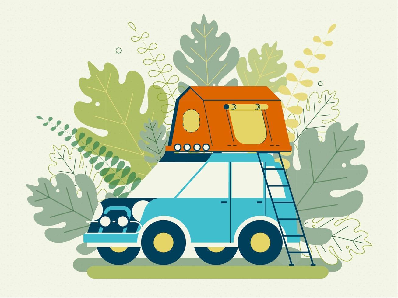 acampamento de verão. tenda no teto do carro. design plano. ilustração em vetor de estoque.