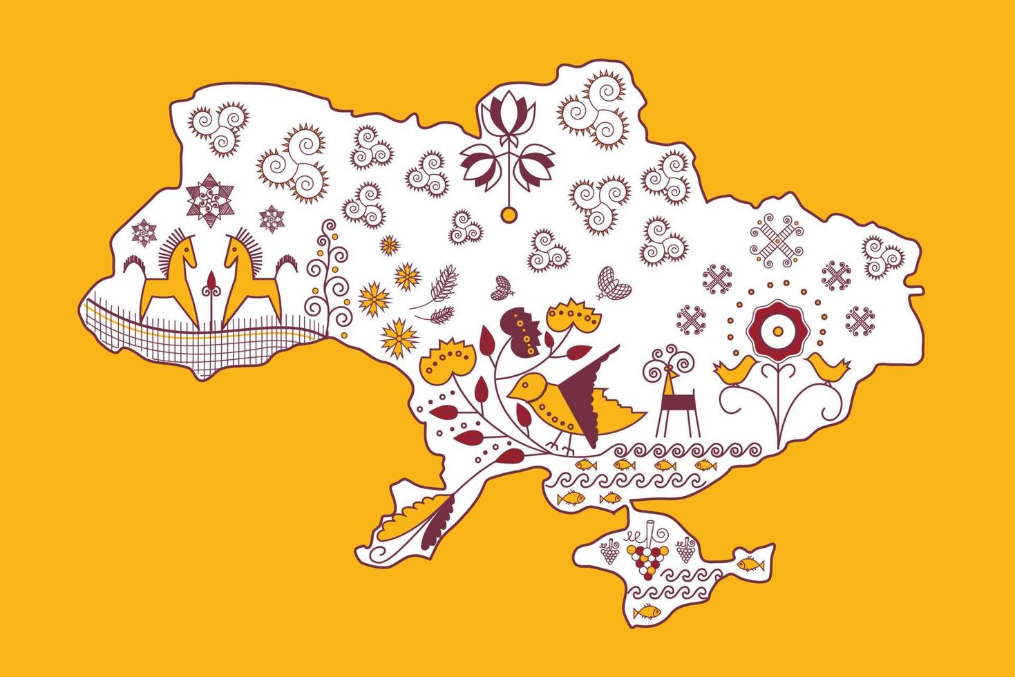 mapa da Ucrânia. símbolos ucranianos tradicionais de felicidade e prosperidade. fundo amarelo. vetor