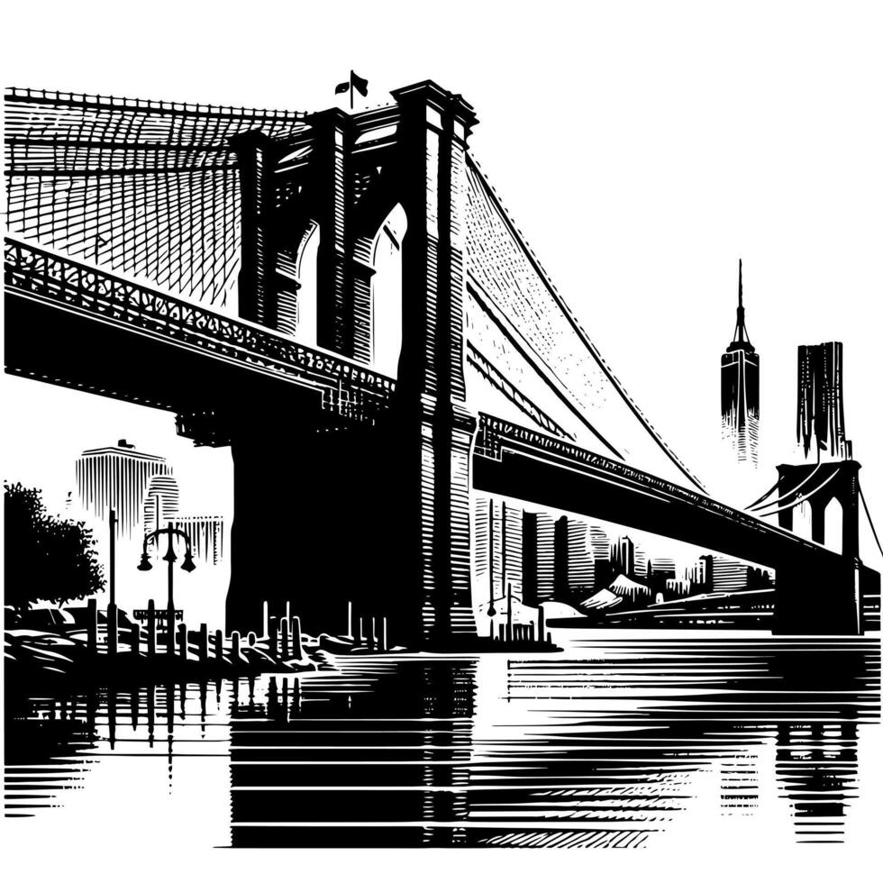 Preto e branco ilustração do Brooklyn ponte dentro Novo Iorque cidade Manhattan vetor