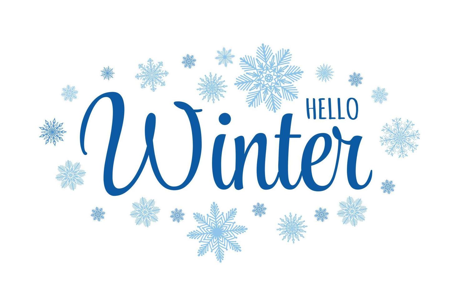 letras de caligrafia cursiva de texto bonito - Olá inverno. cartão sazonal com flocos de neve desenhados à mão diferente. vetor