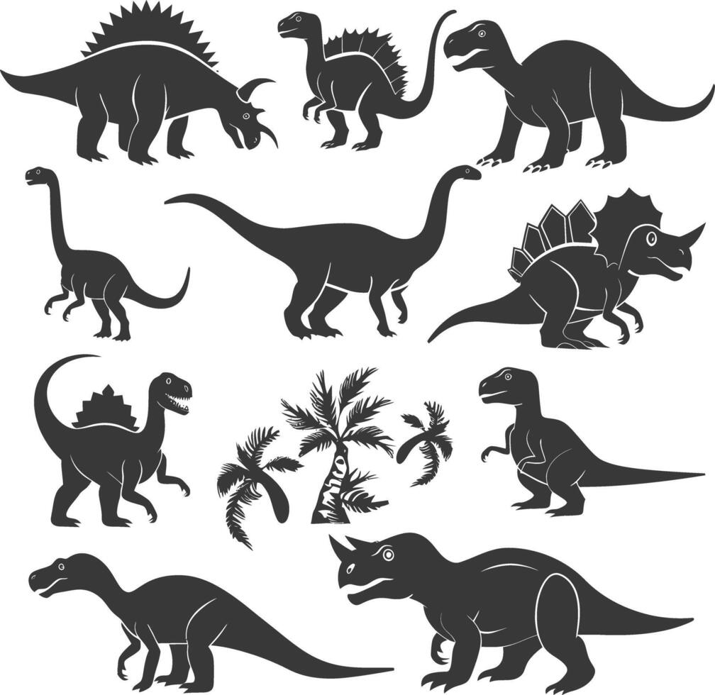 silhueta pré-histórico dinossauro vários Preto cor só vetor