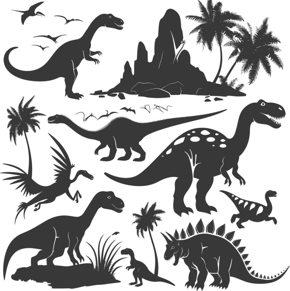 silhueta pré-histórico dinossauro vários Preto cor só vetor