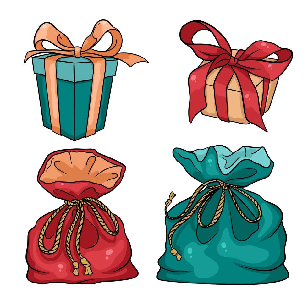 ano novo e presentes de Natal e sacos de presente. estilo dos desenhos animados. vetor