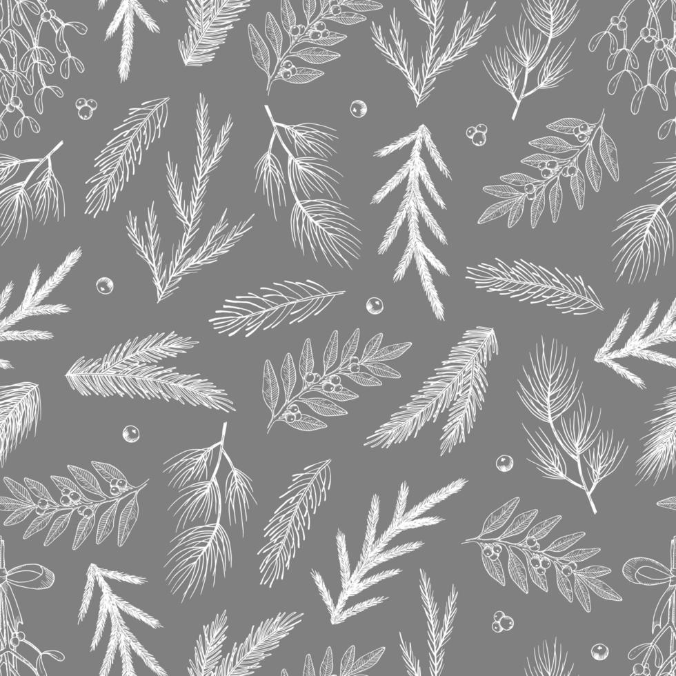 padrão sem emenda de Natal com decorações para árvores de Natal, ramos de pinheiro mão desenhada arte design ilustração em vetor. vetor