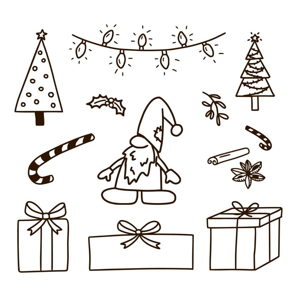 conjunto de elementos de design de Natal. estilo do doodle. bugigangas tradicionais de ano novo para decoração e design de cartões de saudação e convite vetor