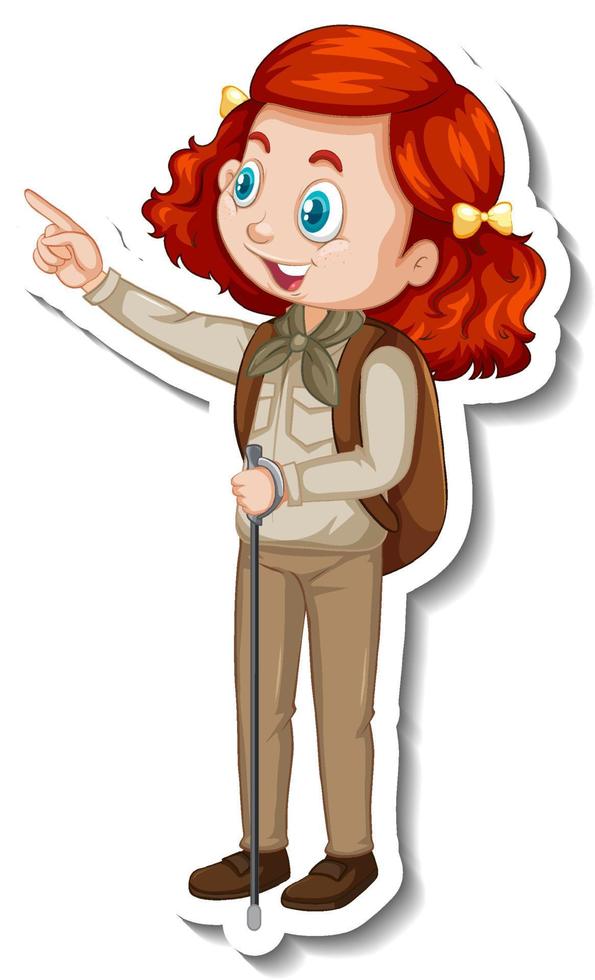 Adesivo de garota safari apontando pose de personagem de desenho animado vetor