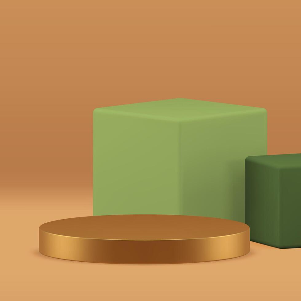 3d cilindro dourado pódio pedestal com verde cubos parede fundo realista vetor