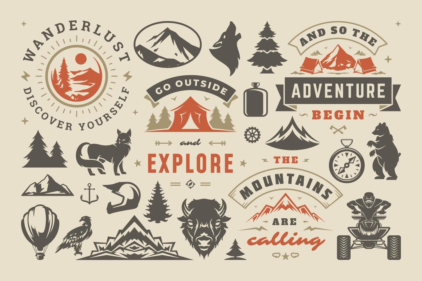 acampamento e ao ar livre aventura Projeto elementos definir, citações e ícones ilustração vetor