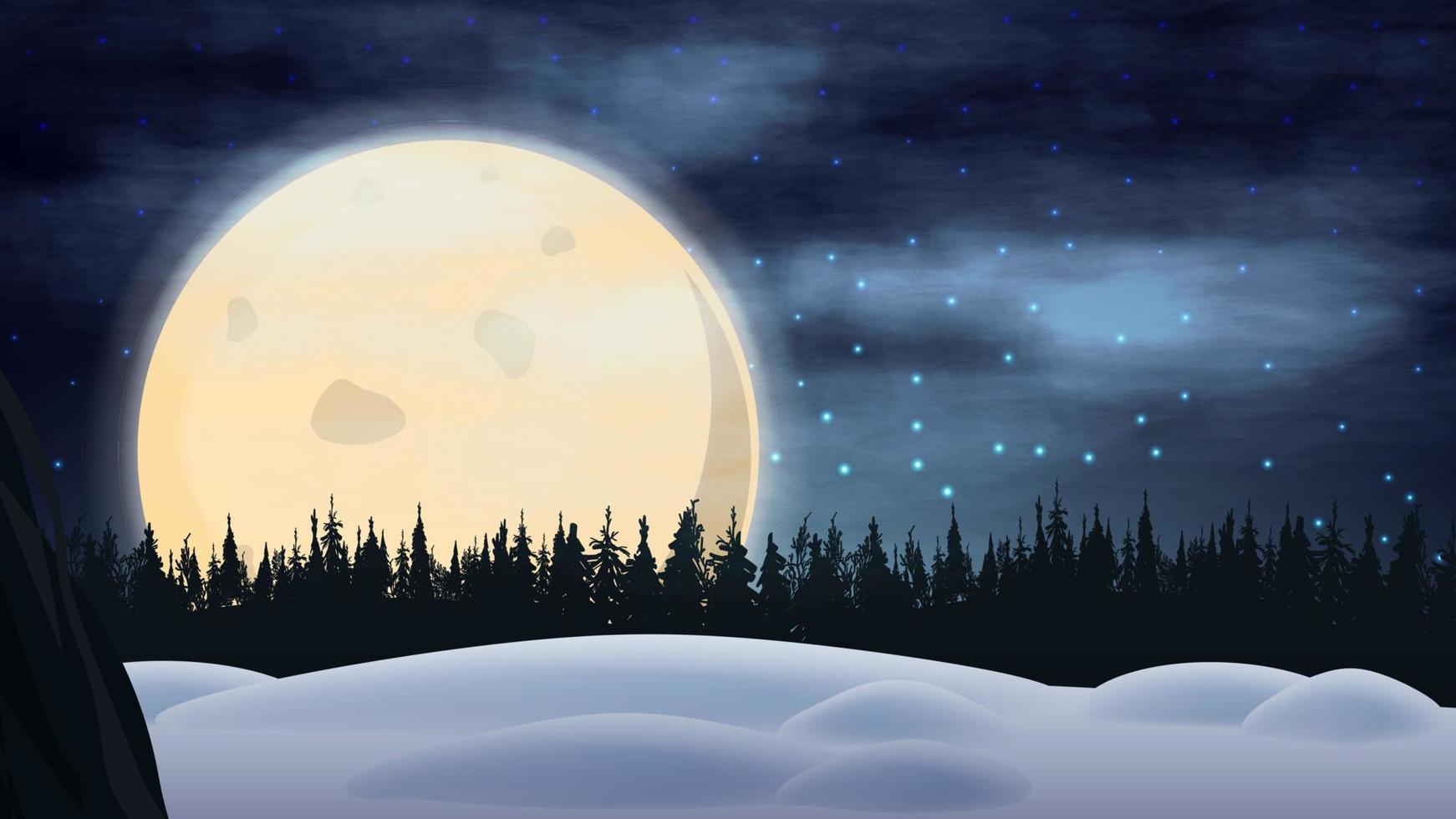 paisagem noturna com grande lua amarela, céu azul estrelado, montes de neve, floresta de pinheiros no horizonte e neblina espessa vetor