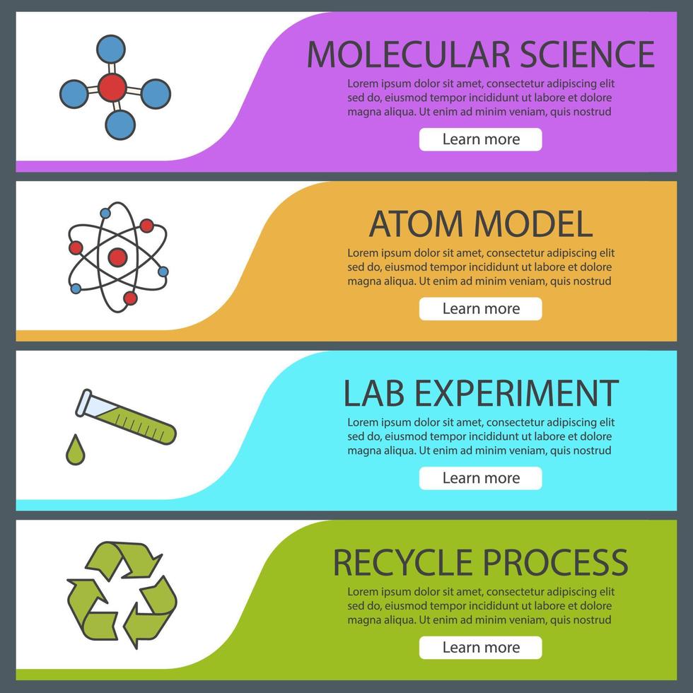 conjunto de modelos de banner do laboratório de ciências. fácil de editar. átomo e molécula, símbolo de reciclagem e tubo de ensaio químico. itens de menu do site. banner de cor da web. conceitos de design de cabeçalhos de vetor