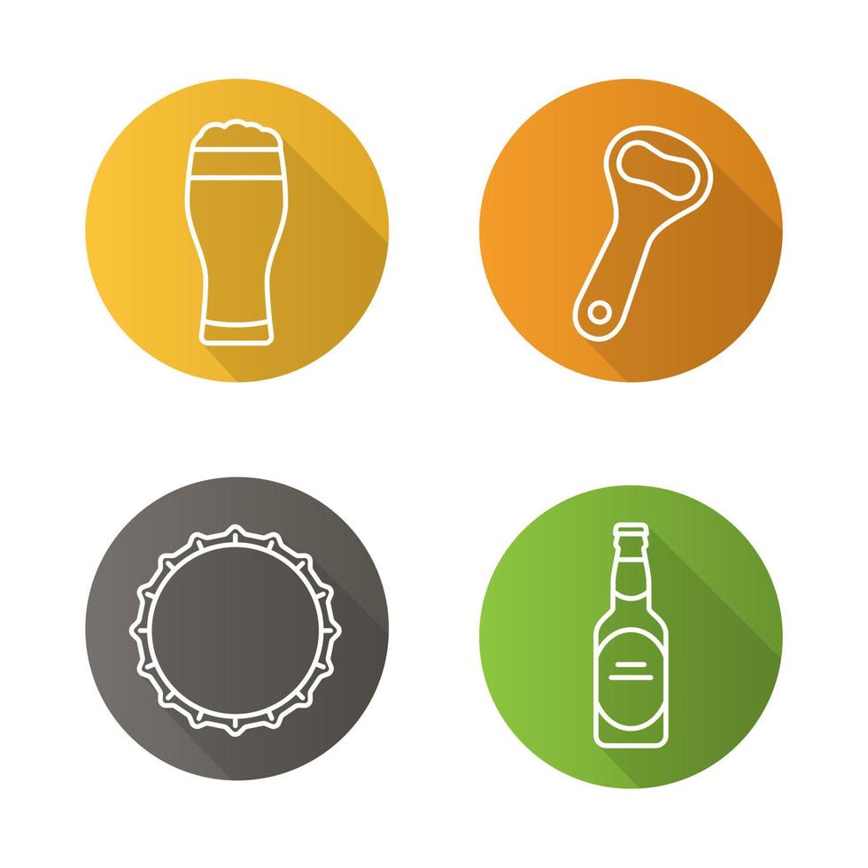 conjunto de ícones de sombra longa plana linear de cerveja. garrafa de cerveja, abridor, tampa e copo cheio de espuma. símbolos de linha de vetor