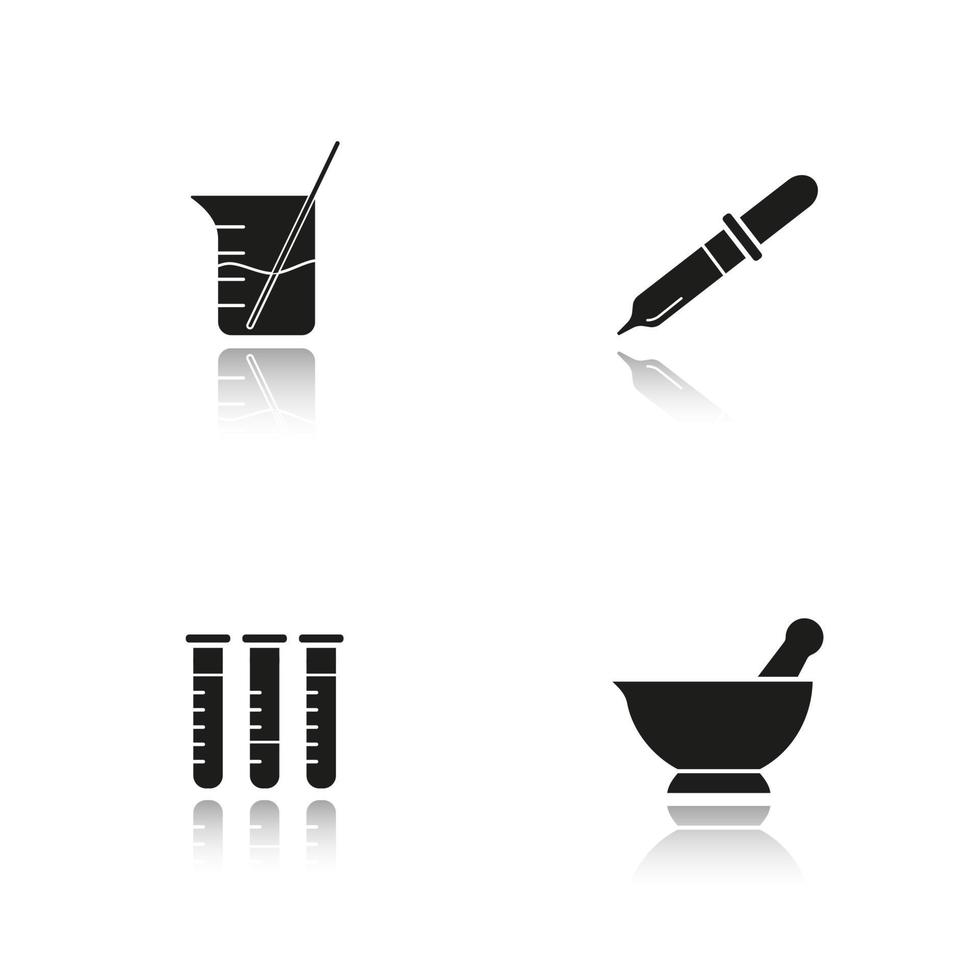 conjunto de ícones pretos de sombra projetada de laboratório químico. ferramentas de laboratório. tubos de ensaio, copo com haste e líquido, almofariz e pilão, pipeta. ilustrações vetoriais isoladas vetor