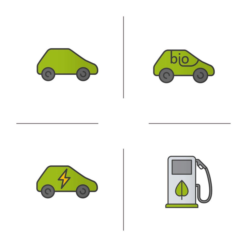 Conjunto de ícones de cores de carros ecológicos. veículos verdes, bio, elétricos, conceito de combustível ecológico. ilustrações vetoriais isoladas vetor