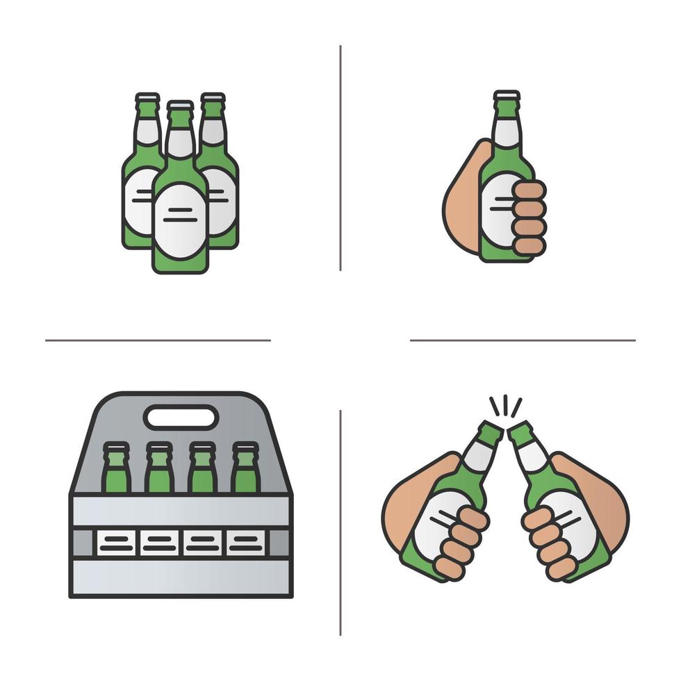 conjunto de ícones de cores de cerveja. ilustrações isoladas do vetor. caixa de garrafas de cerveja, símbolos de alegria vetor