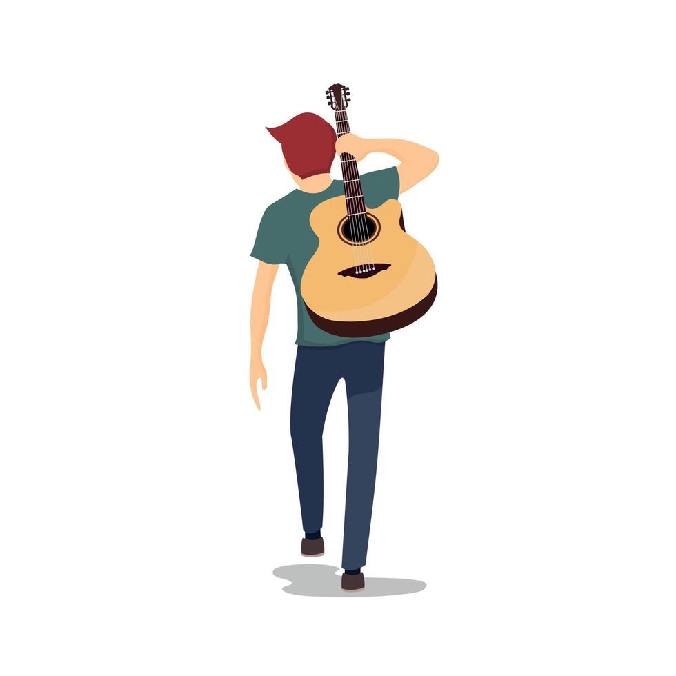 jovem músico andando de costas com seu violão vetor