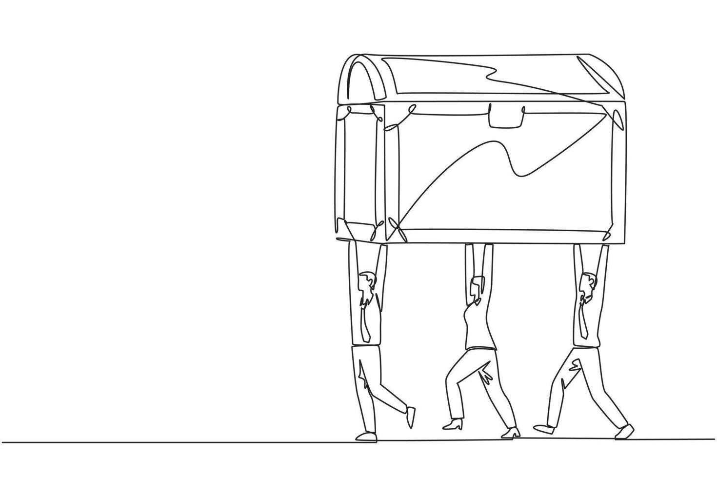 solteiro 1 linha desenhando grupo do empresários e mulheres de negócios trabalhos juntos carregando Tesouro peito. comemoro o negócio sucesso junto. bônus. recompensa. contínuo linha Projeto gráfico ilustração vetor
