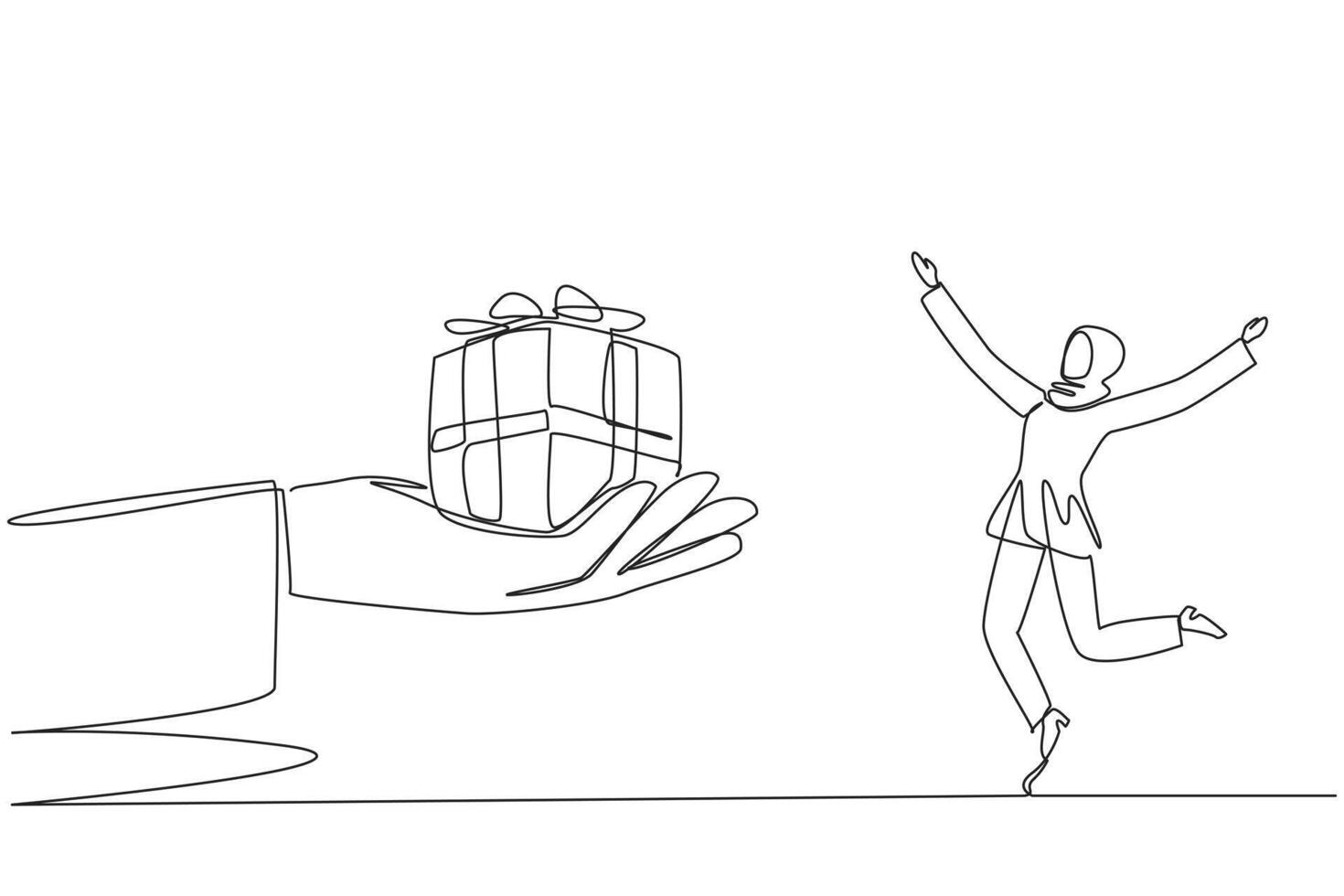 solteiro 1 linha desenhando jovem árabe empresária animado para pegue a presente caixa a partir de a gigante mão. feliz surpresa. recebido muitos prêmios. adequação. contínuo linha Projeto gráfico ilustração vetor