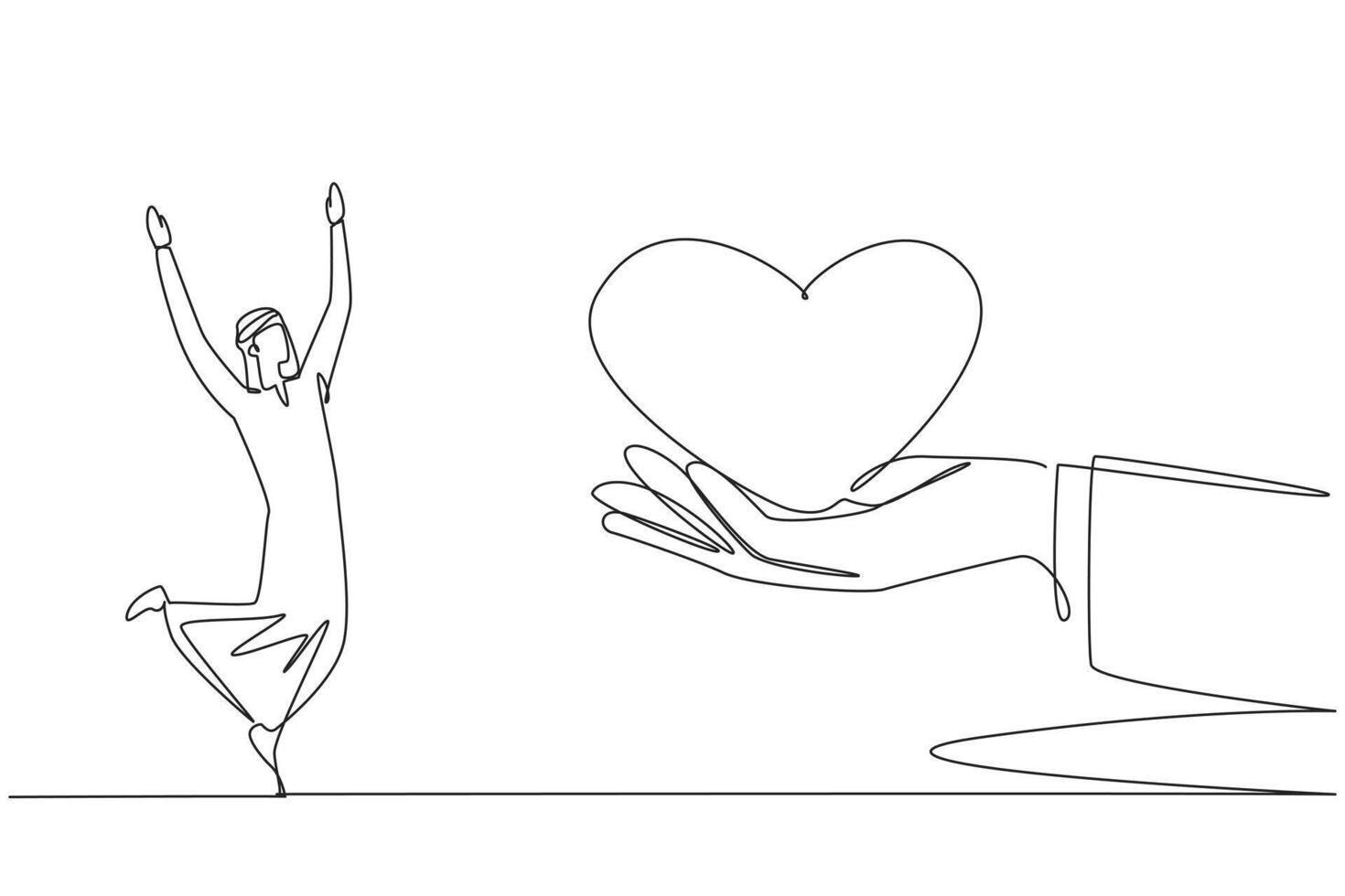 solteiro 1 linha desenhando jovem árabe homem de negocios é feliz para pegue amor a partir de a gigante mão. surpreendente Apoio, suporte a partir de Amado uns. alcance a pico do a carreira. contínuo linha Projeto gráfico ilustração vetor