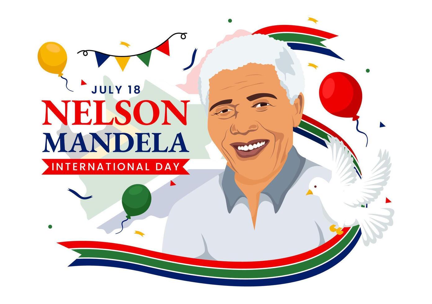 feliz Nelson Mandela internacional dia ilustração em 18 Julho com sul África bandeira e fita dentro plano desenho animado fundo Projeto vetor