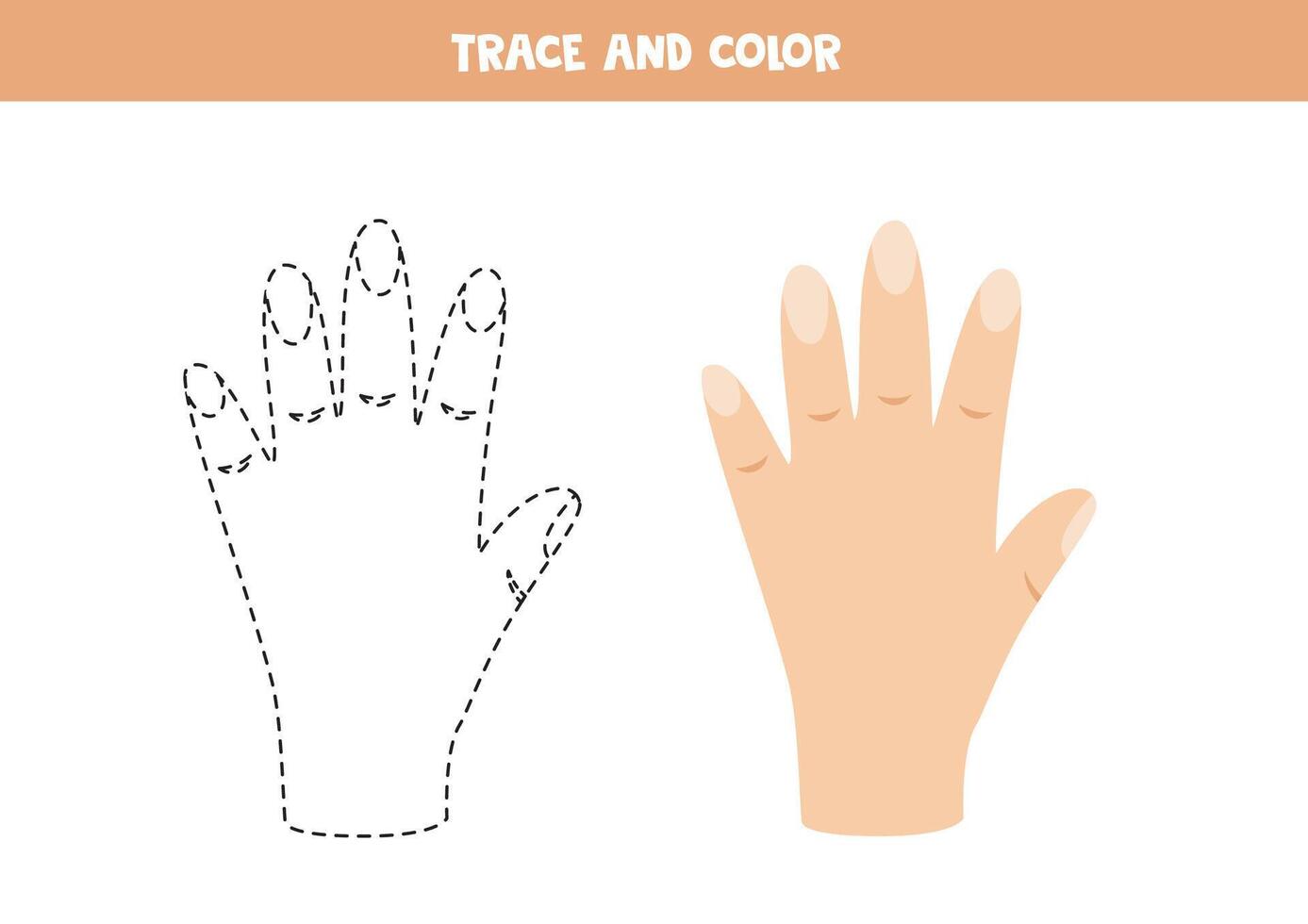 vestígio e cor desenho animado humano mão. imprimível planilha para crianças. vetor