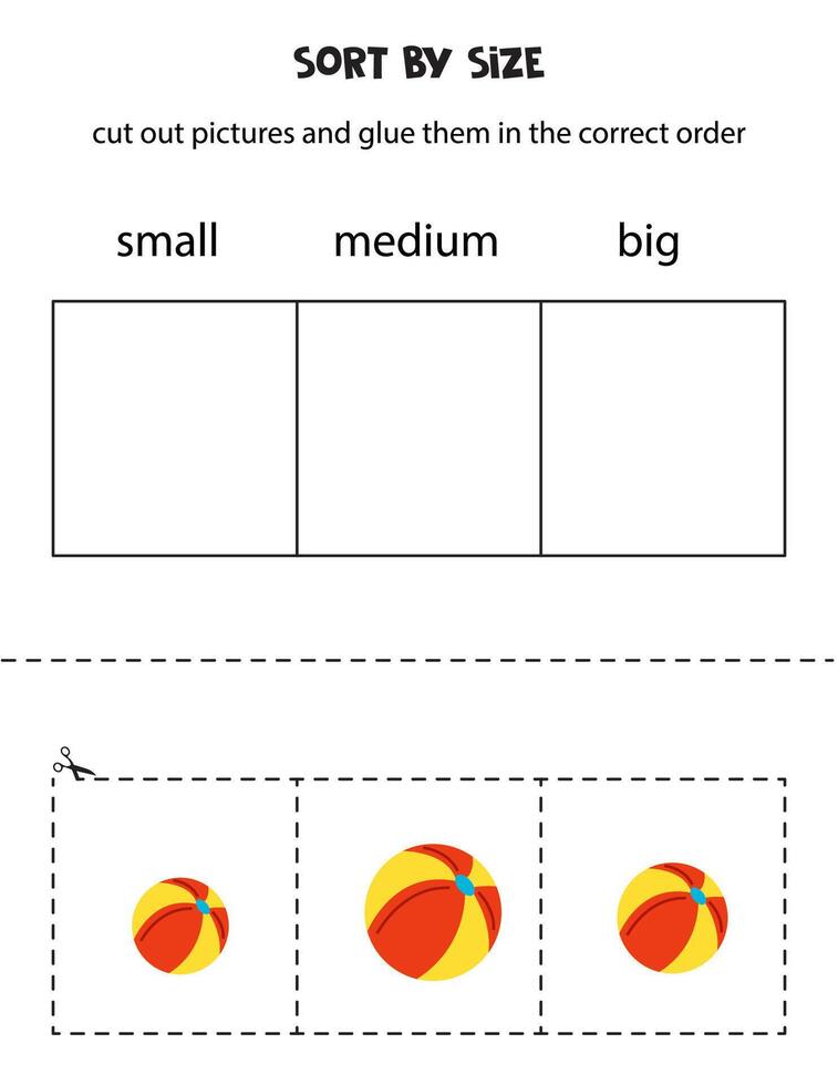 ordenar desenho animado bolas de tamanho. educacional planilha para crianças. vetor